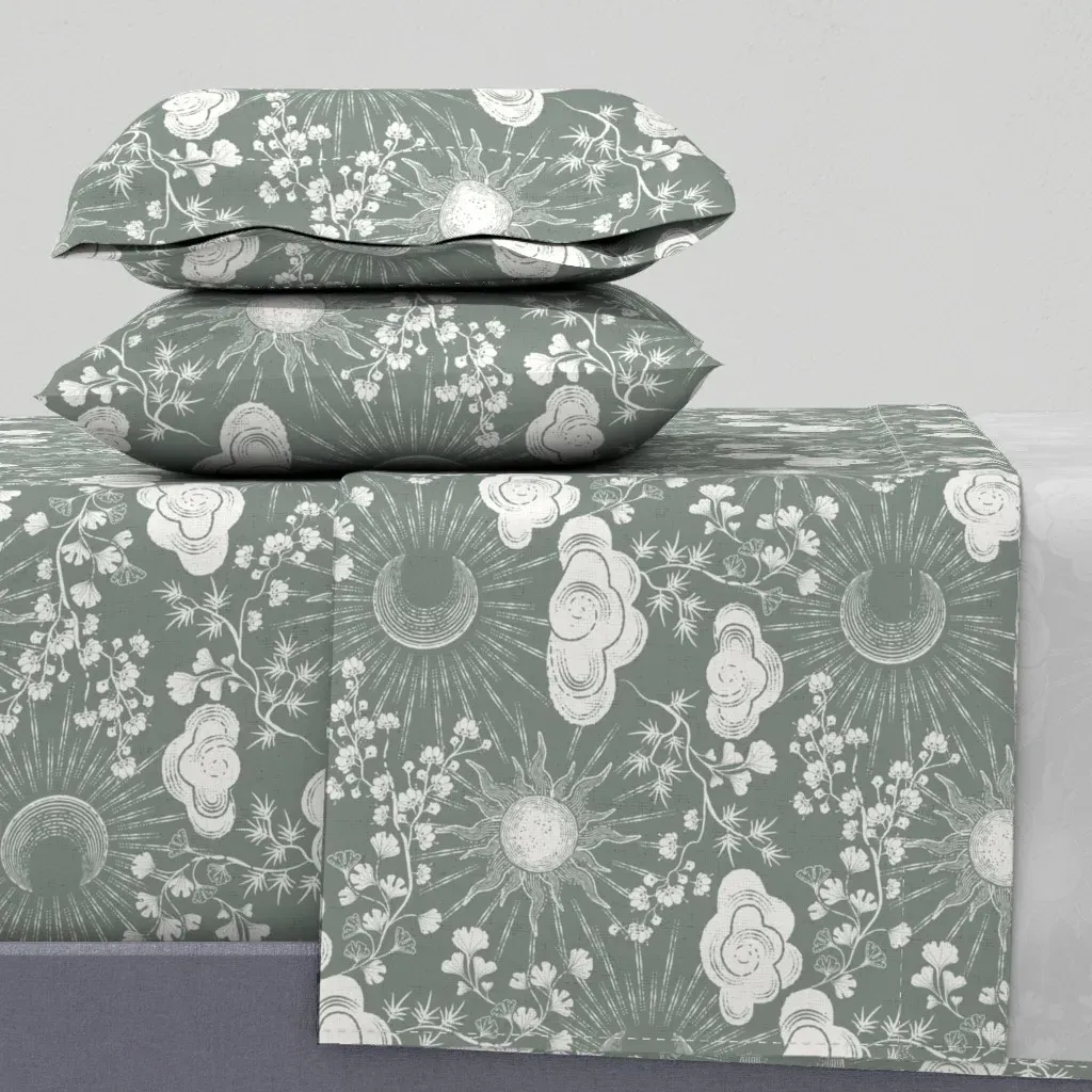 Celestial Sun Moon Clouds Toile De Jouy Queen Sheet Set - Sage Green product