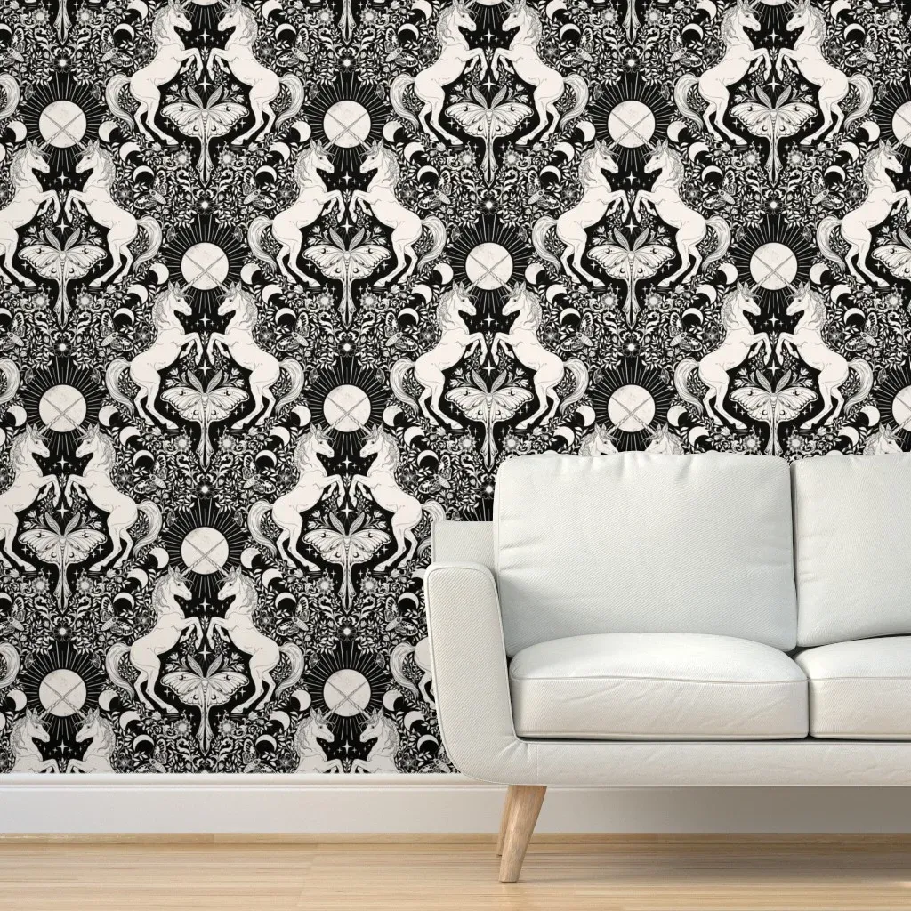 Celestial Unicorn Damask Peel and Stick Wallpaper - Black and White product