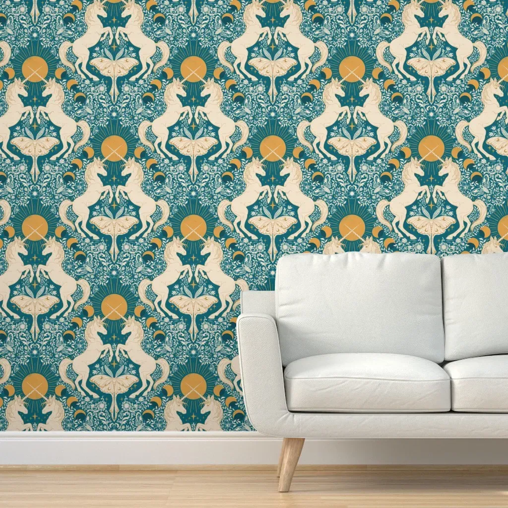Celestial Unicorn Damask Peel and Stick Wallpaper - Turquoise, Gold product