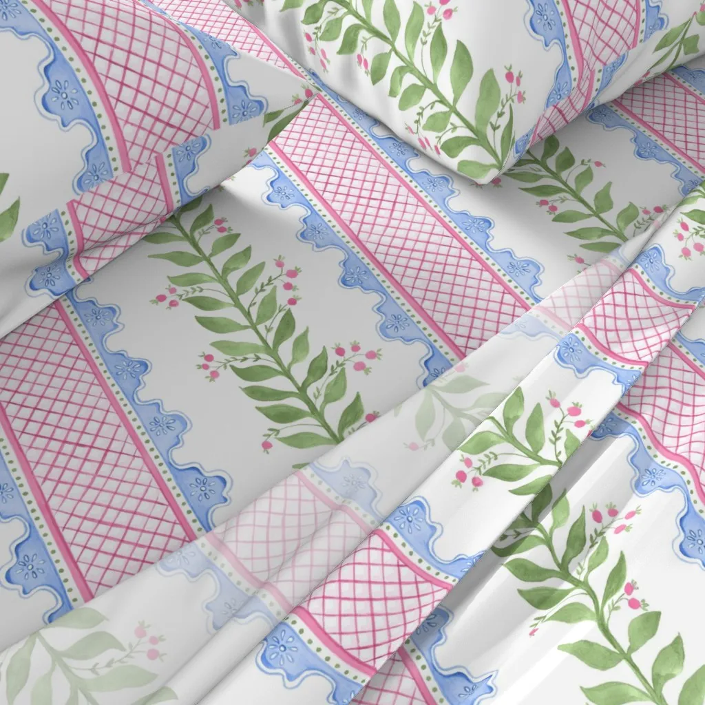 Celia Cornflower Blue Valentine Pink Twin Sheet Set - Green alternate view