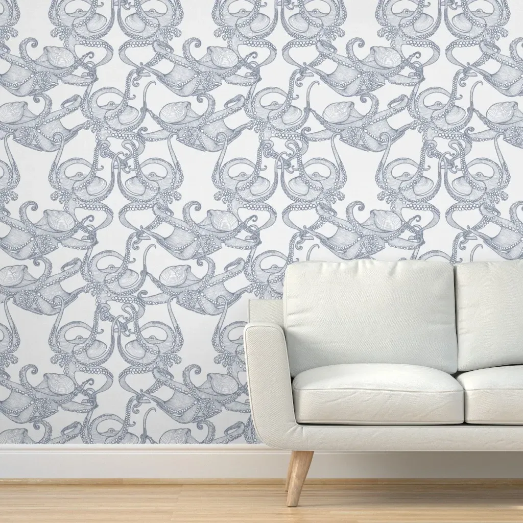 Cephalopod Giant Octopi Peel and Stick Wallpaper - Blue Grey on White product