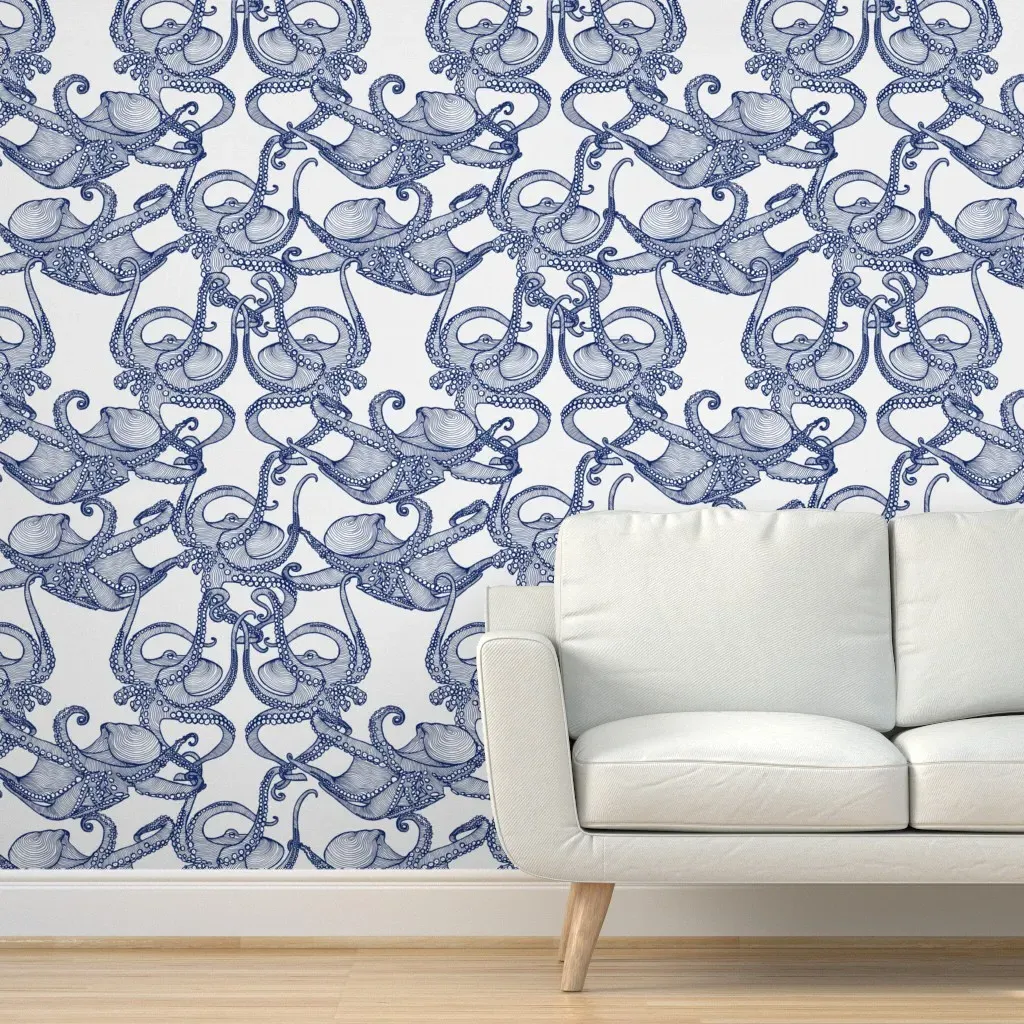 Cephalopod Octopi Peel and Stick Wallpaper - Navy Blue, White product