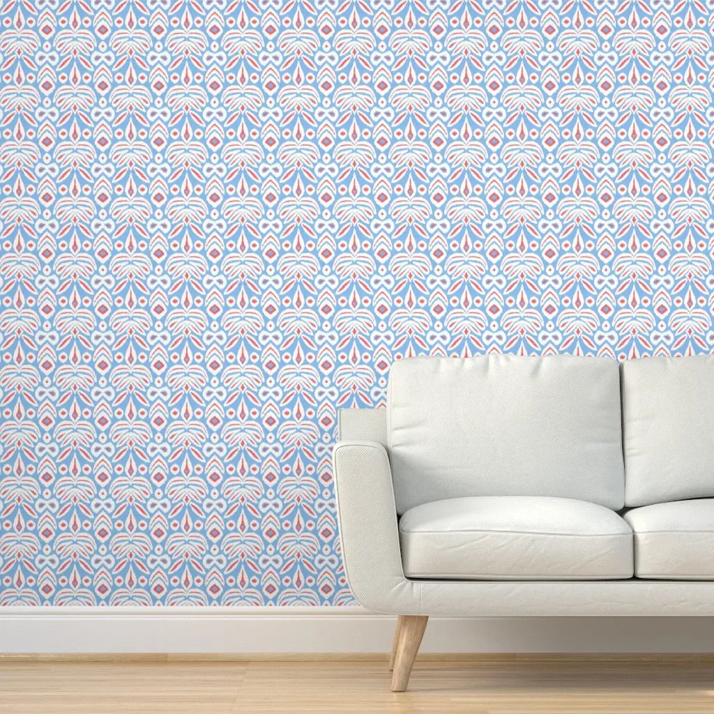 Cerulean Cherry Bloom Ikat Peel and Stick Wallpaper - Blue, Red product