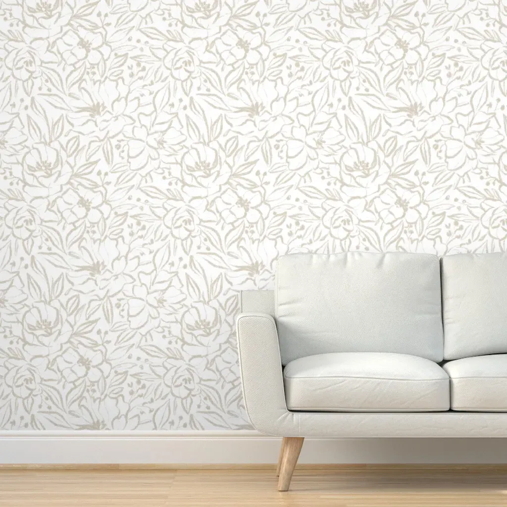 Chalk Line Art Floral Peony Peel and Stick Wallpaper - Beige product