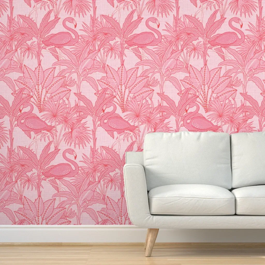 Chameleons & Flamingos Peel and Stick Wallpaper - Pink, Linen product