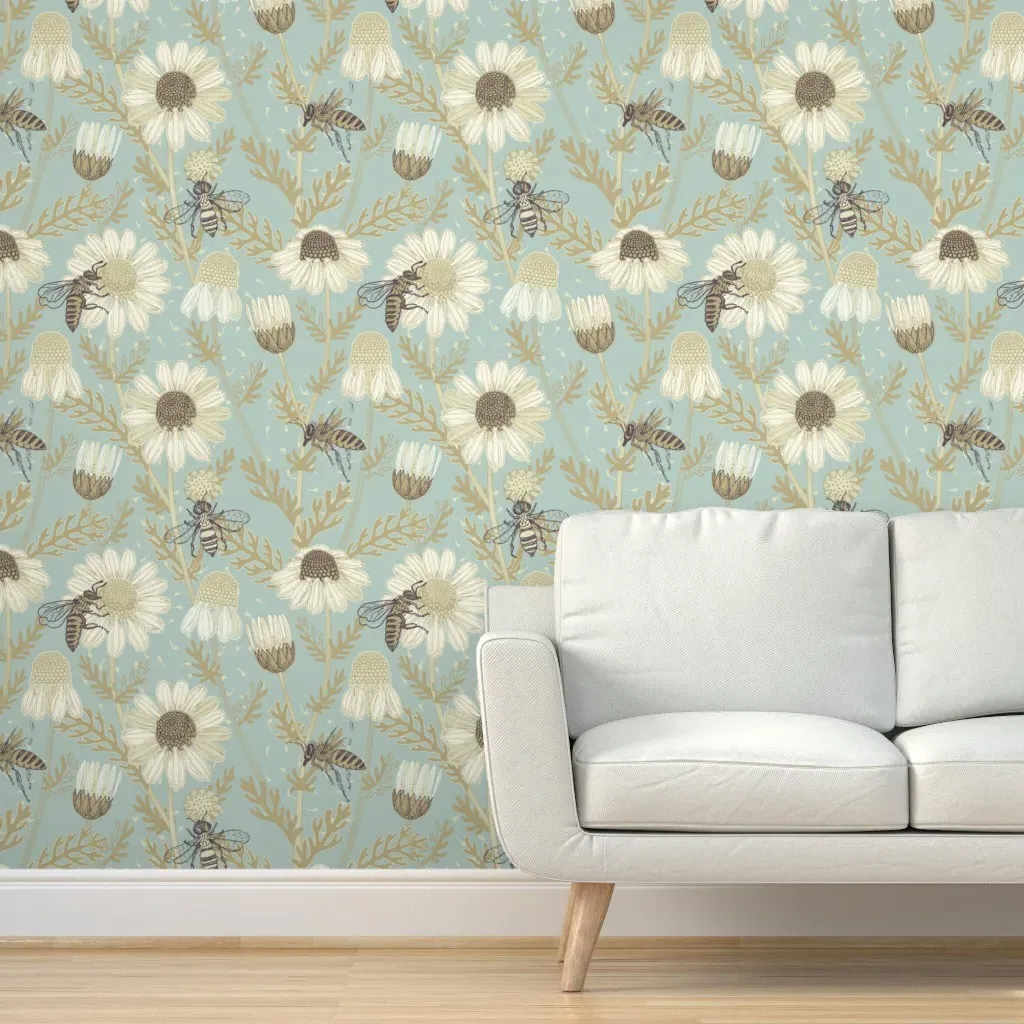 Chamomile and Bee Grass Peel and Stick Wallpaper - Blue, Beige product