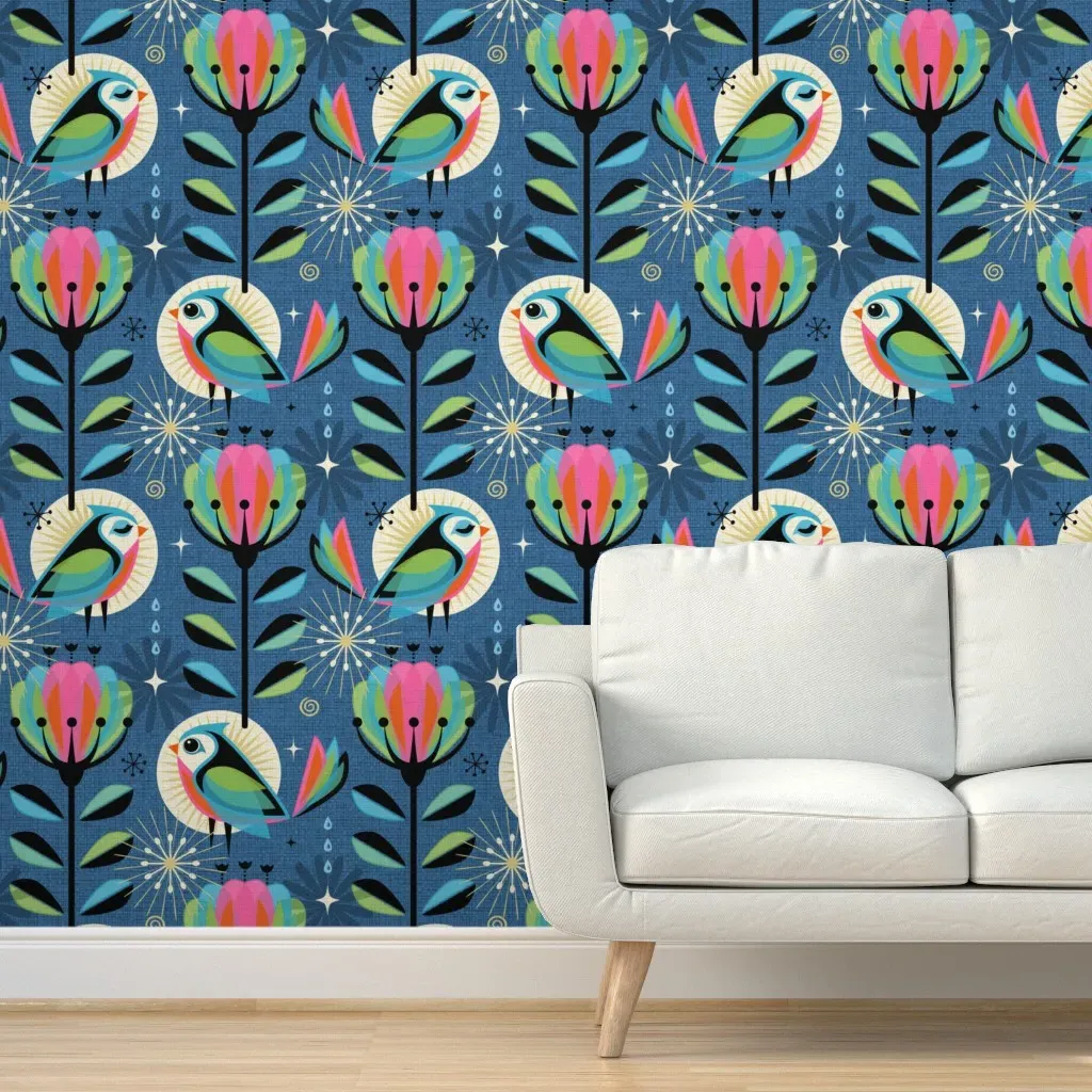 Charming Birds And Blooms Peel and Stick Wallpaper - Blue product