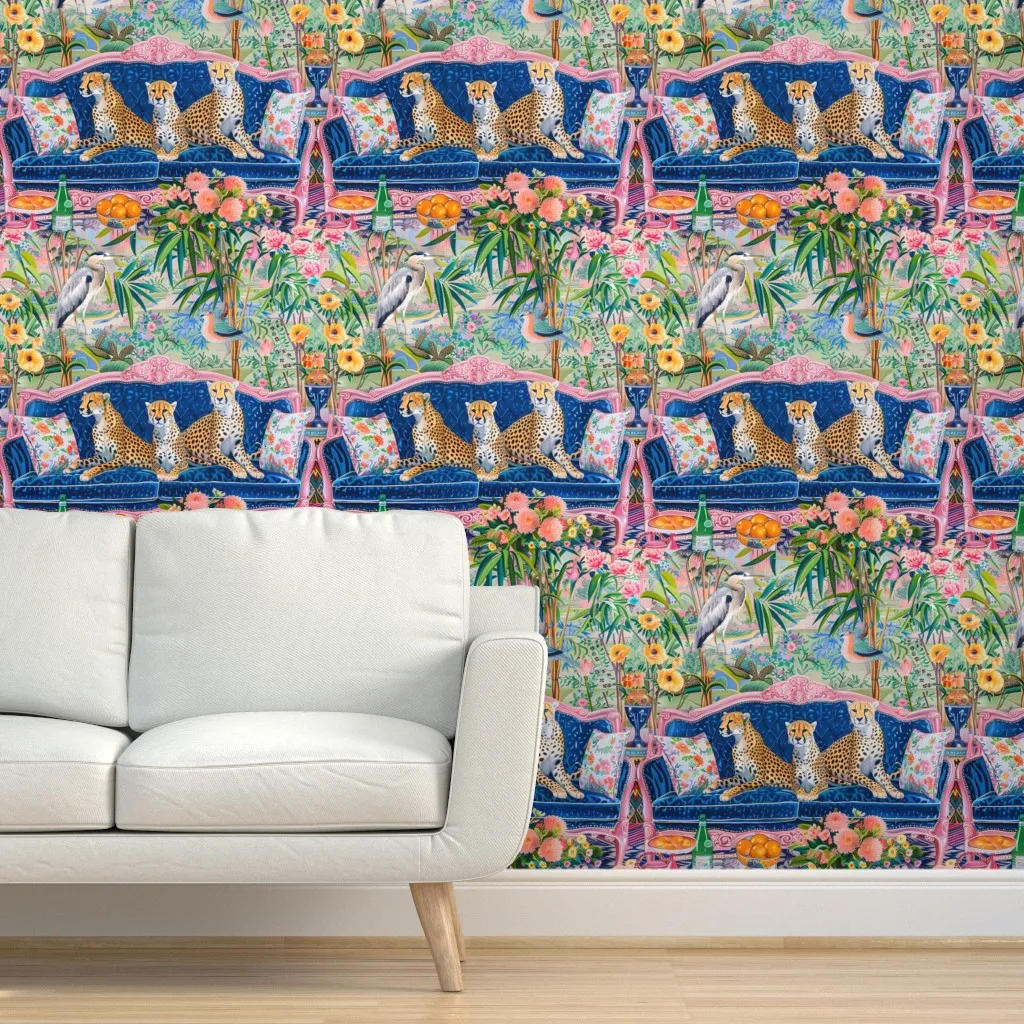 Cheetahs On Blue Velvet Sofa Chinoiserie Peel and Stick Wallpaper - Blue product