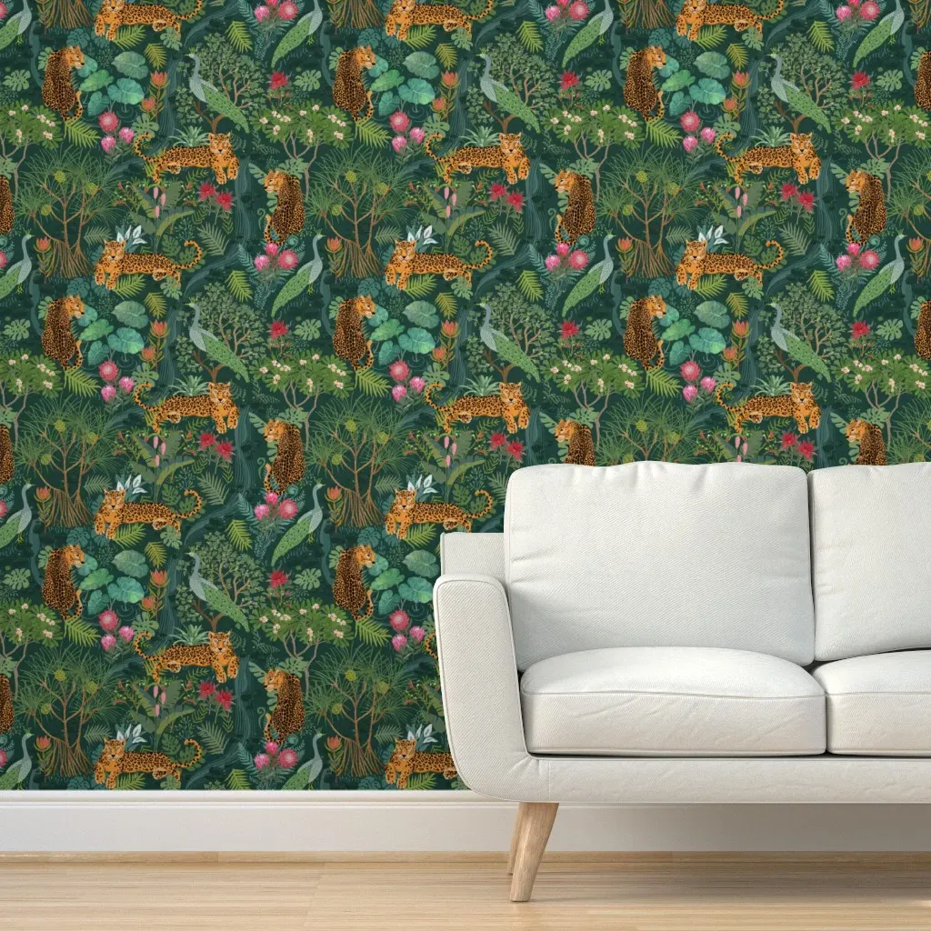 Cheetahs & Protea Flowers Peel and Stick Wallpaper - Dark Green product