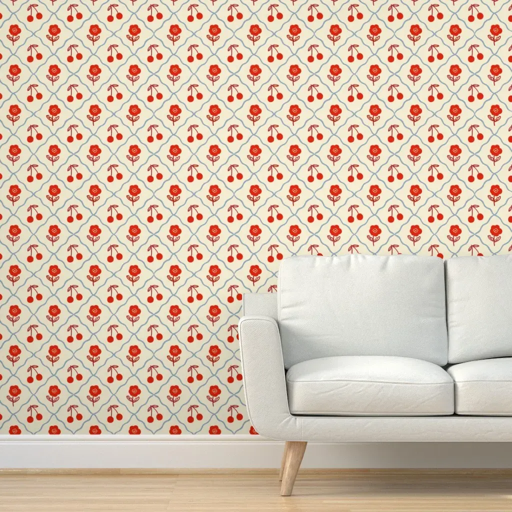 Cherries And Poppies Peel and Stick Wallpaper - Red, Cream product