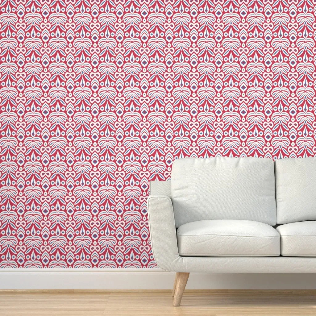 Cherry and Cobalt Bloom Ikat Peel and Stick Wallpaper - Coral Red product