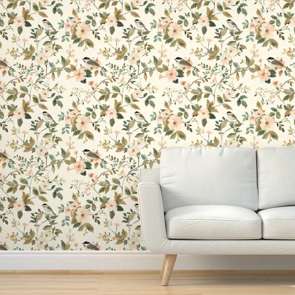 Chickadee Bird Floral Peel and Stick Wallpaper - Peach product