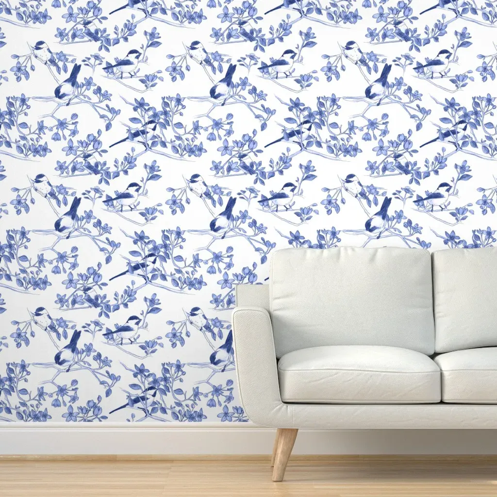 Chickadees And Blossoms Peel and Stick Wallpaper - Blue product
