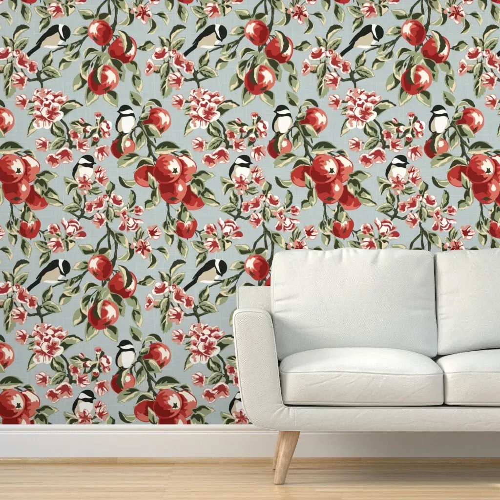 Chickadees & Apples Peel and Stick Wallpaper - Blue product