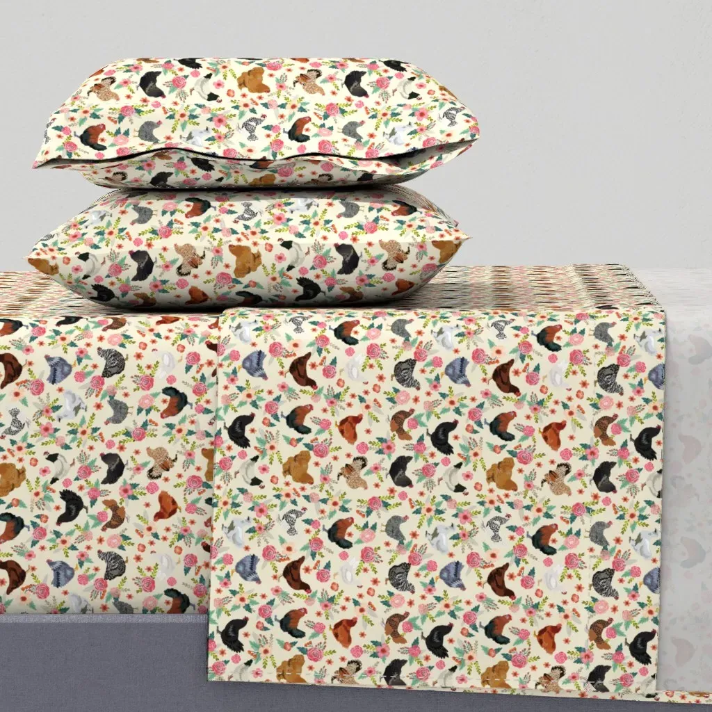 Chicken Breeds Floral Bird Twin Sheet Set - Cream product