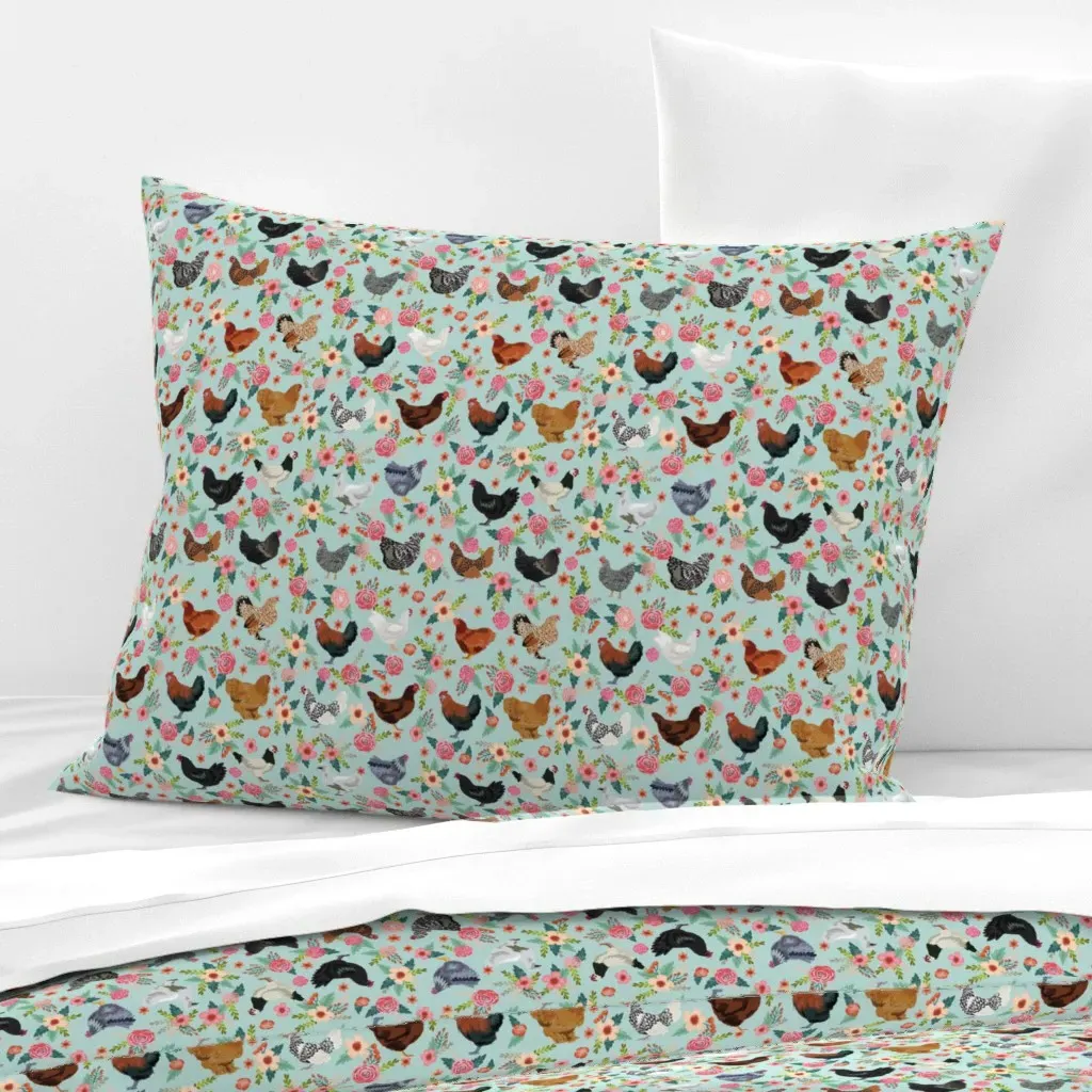 Chicken Breeds Floral Standard Pillow - Teal, Cotton Sateen product