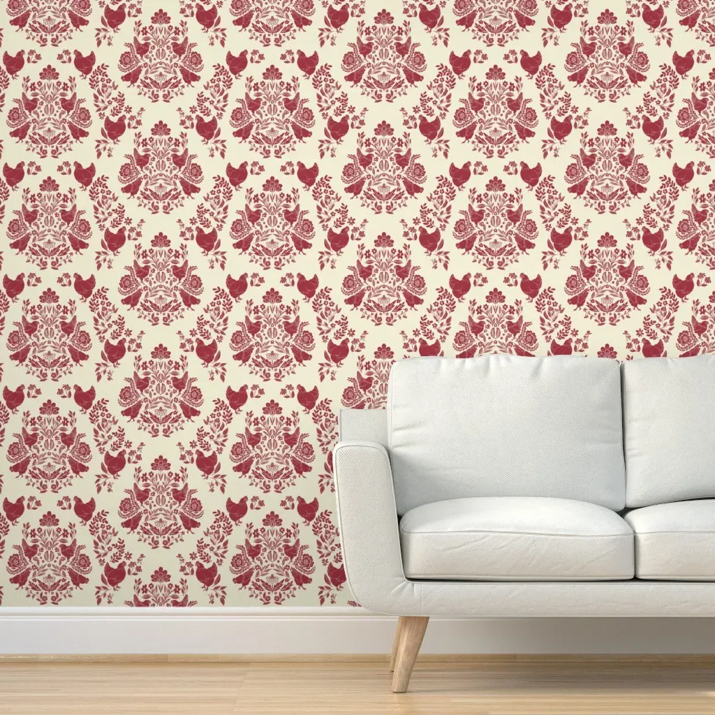 Chicken Damask Peel and Stick Wallpaper - Cranberry product