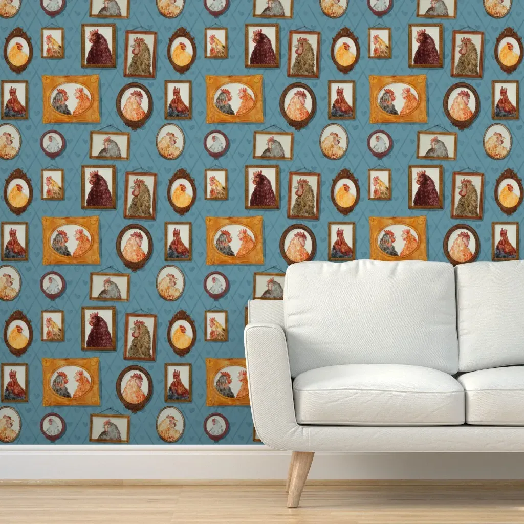 Chicken Family Portraits Peel and Stick Wallpaper - Dusty Blue product