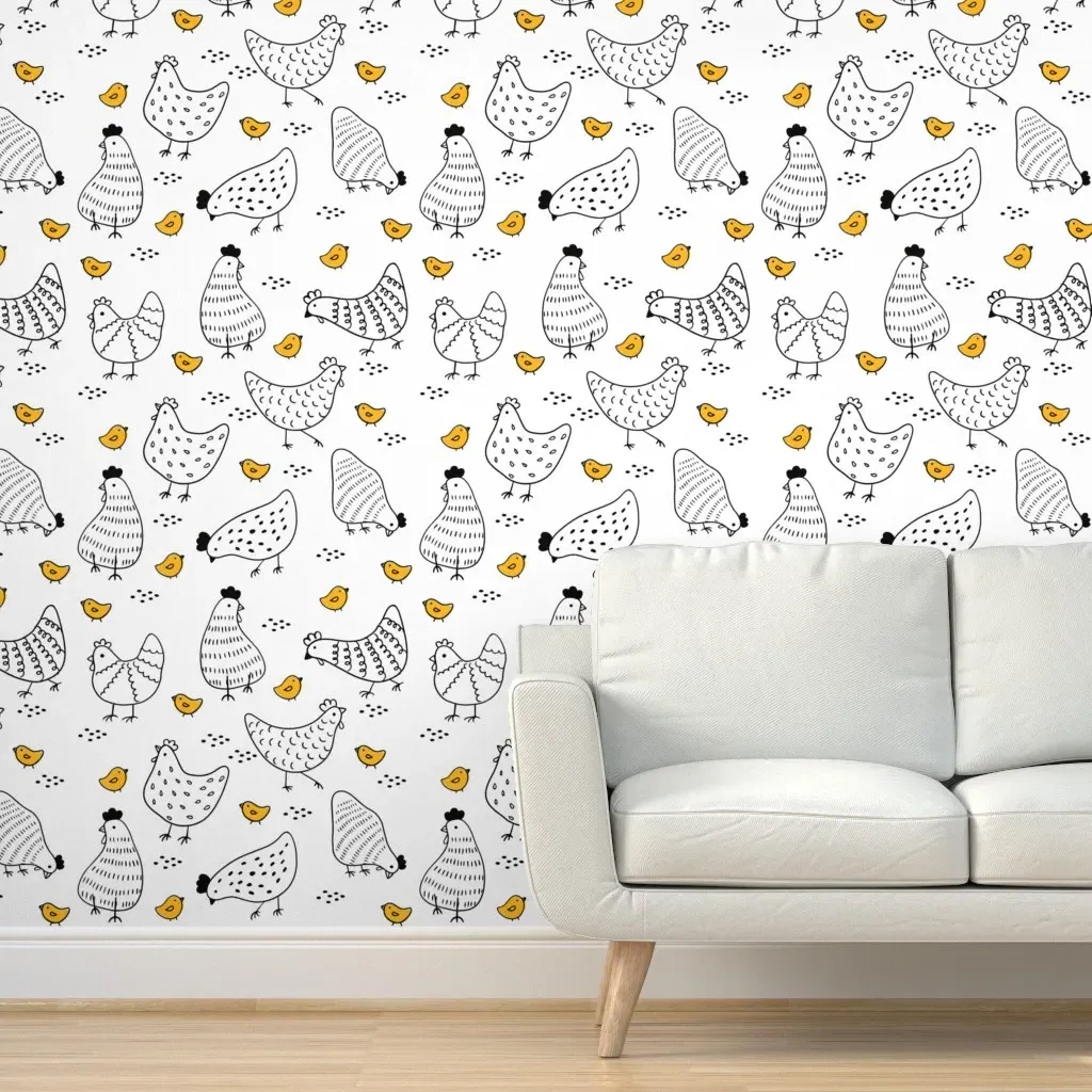 Chicken Pop Of Color Minimalist Chickens Peel and Stick Wallpaper - Black, White, Yellow product