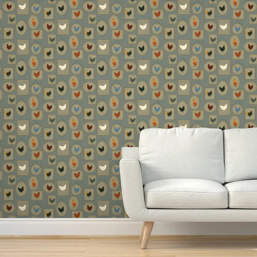 Chickens In Vintage Frames Peel and Stick Wallpaper - Slate Gray product