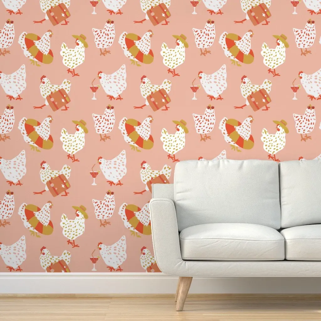 Chickens On Vacation Peel and Stick Wallpaper - White product