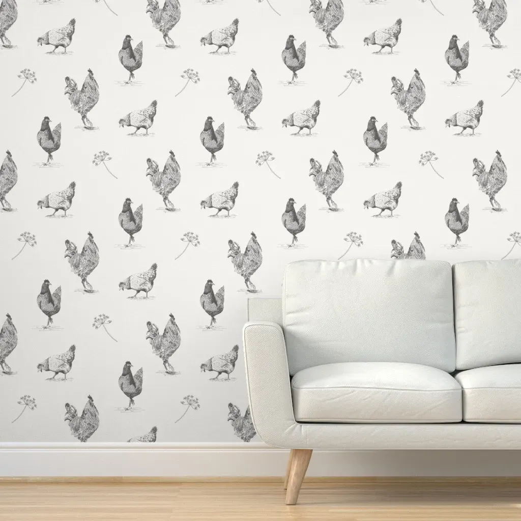 Chickens Toile De Jouy Peel and Stick Wallpaper - Gray, White product
