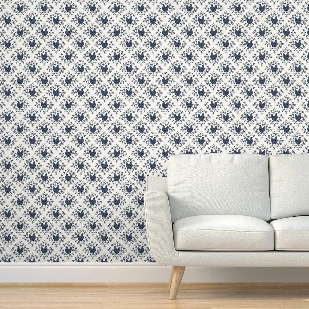 Chickens With Chickweed Block Print Peel and Stick Wallpaper - Navy Blue product