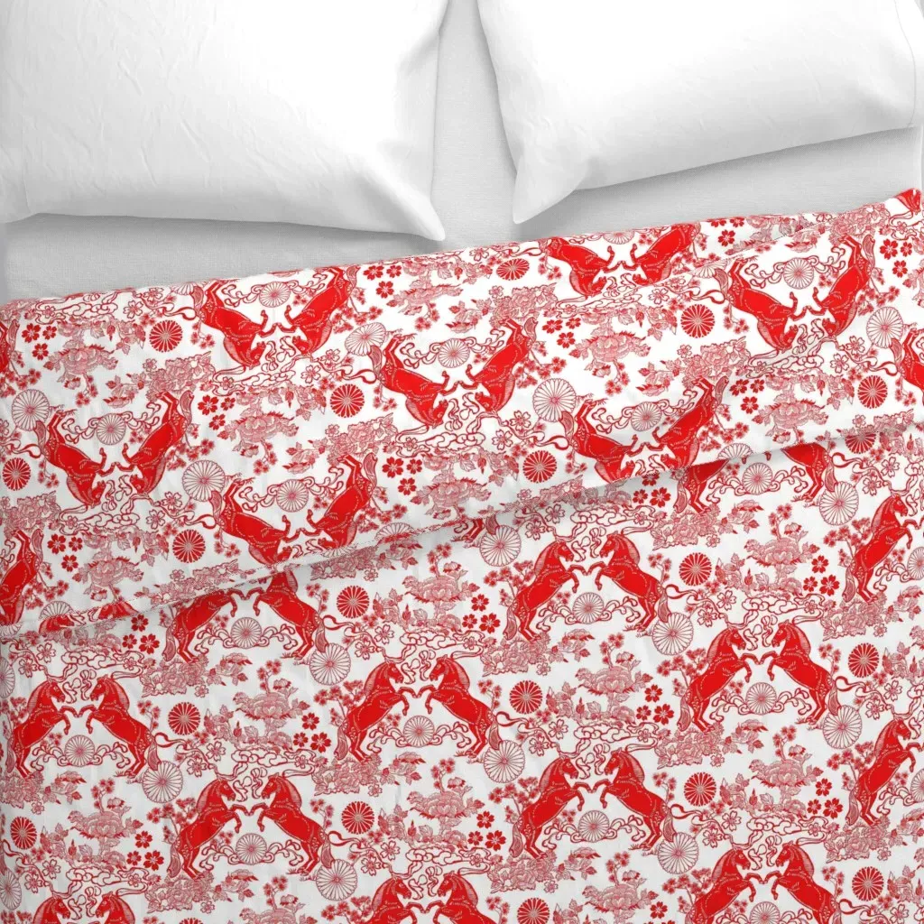 Chinese Horses And Peonies Duvet Cover - Red alternate view