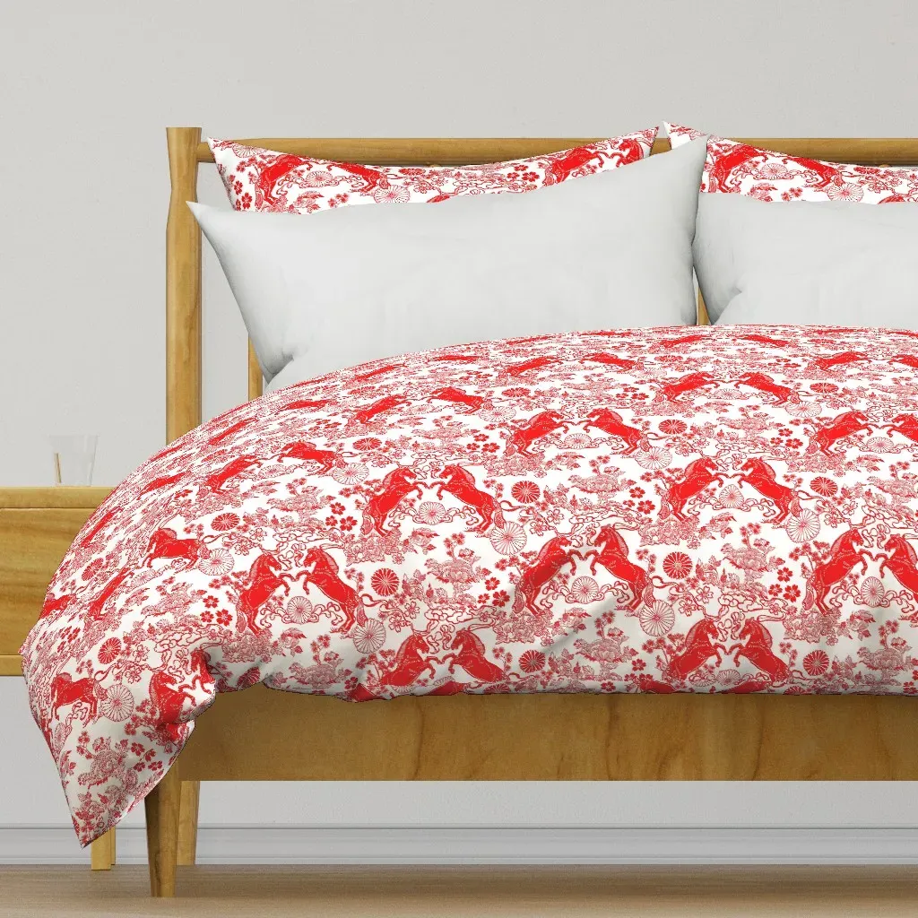 Chinese Horses And Peonies Duvet Cover - Red product