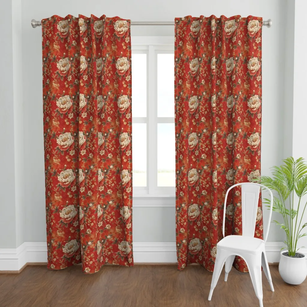 Chinese Peonies In Bloom Curtain Panel - Red product