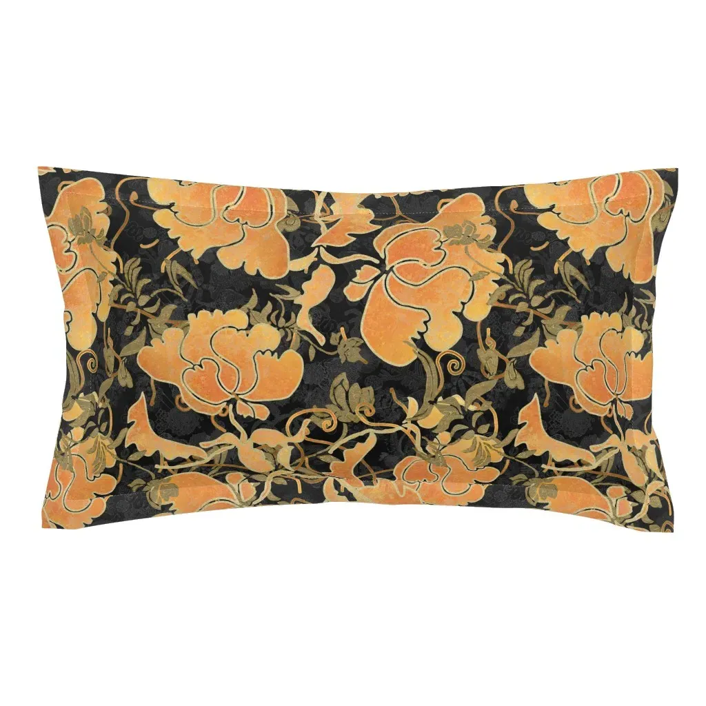 Chinese Yellow Peach Peony with Gold on Black King Pillow Sham - Burnt Orange product