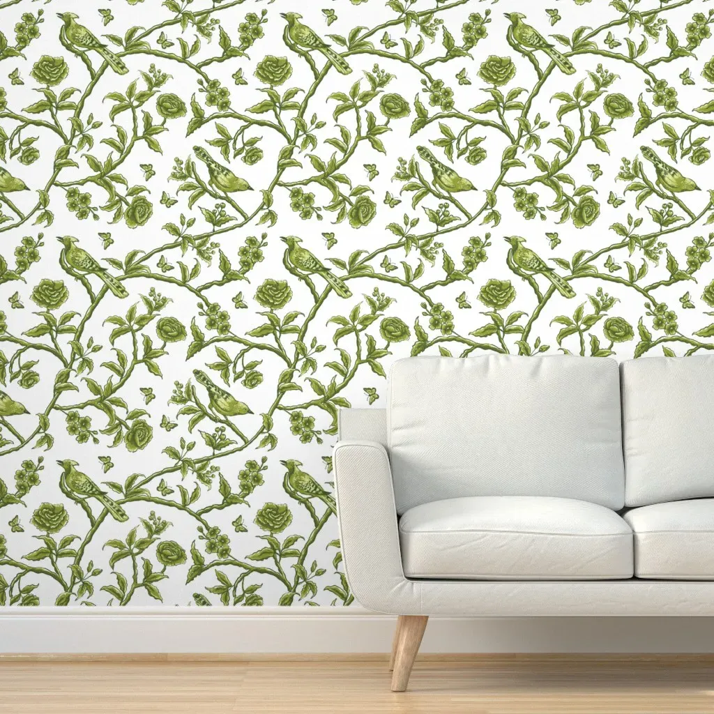 Chinoiserie Asian Birds Peel and Stick Wallpaper - Olive Green product