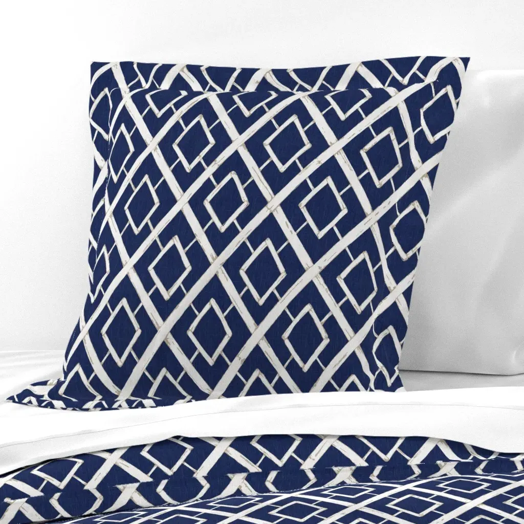 Chinoiserie Bamboo Trellis Double Diamond Euro Pillow Sham - Navy Blue, Linen product