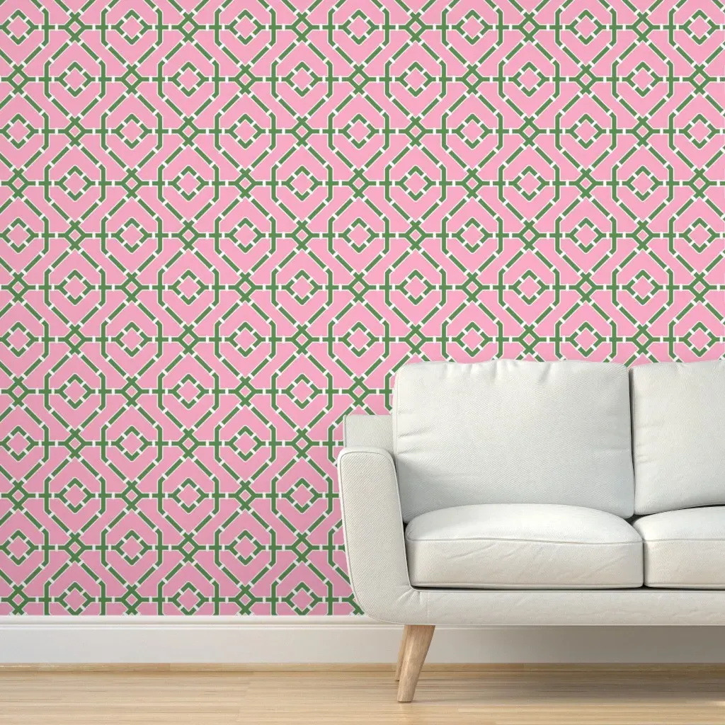 Chinoiserie Bamboo Trellis Peel and Stick Wallpaper - Pink, White product