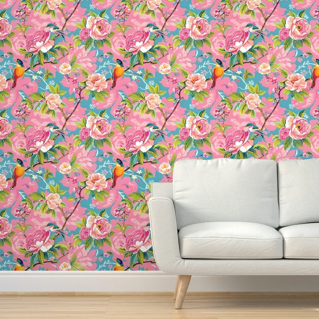Chinoiserie Birds and Flowers Peel and Stick Wallpaper - Pink product