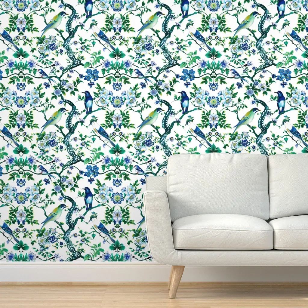 Chinoiserie Birds Flowers Branches Peel and Stick Wallpaper - Blue product