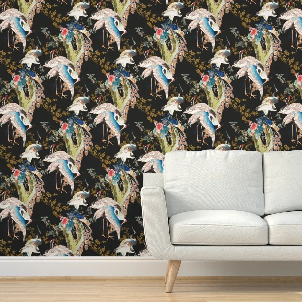 Chinoiserie Birds Large Scale Peel and Stick Wallpaper - Charcoal product