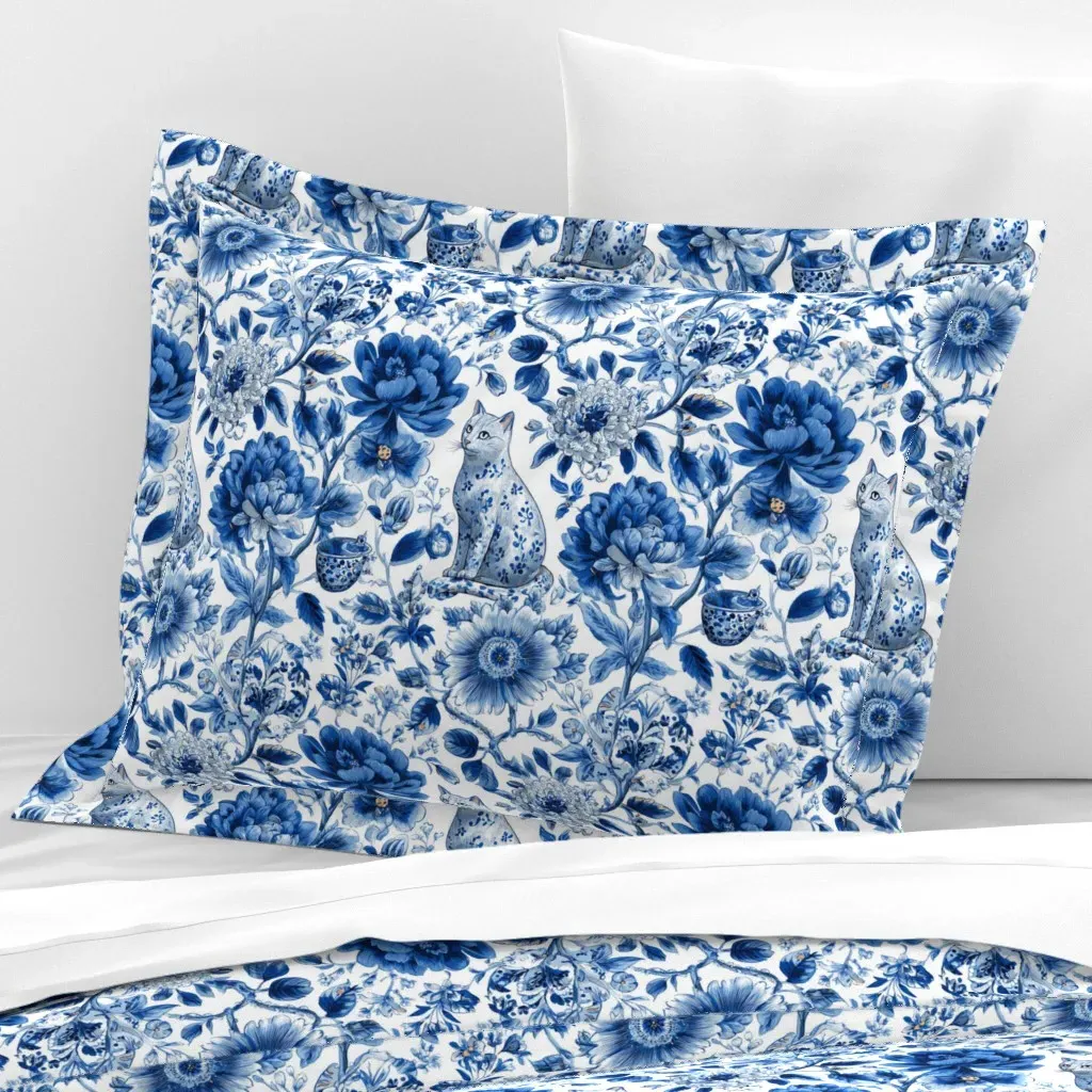 Chinoiserie Cat Floral Standard Flanged Cushion - Blue, Cotton Sateen product