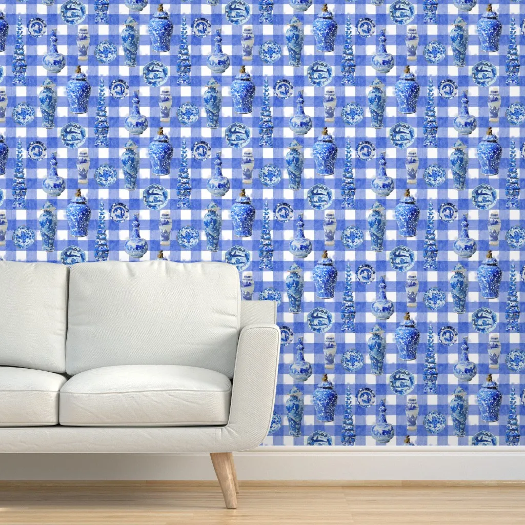 Chinoiserie Ceramic Cobalt Plaid Peel and Stick Wallpaper - Blue product