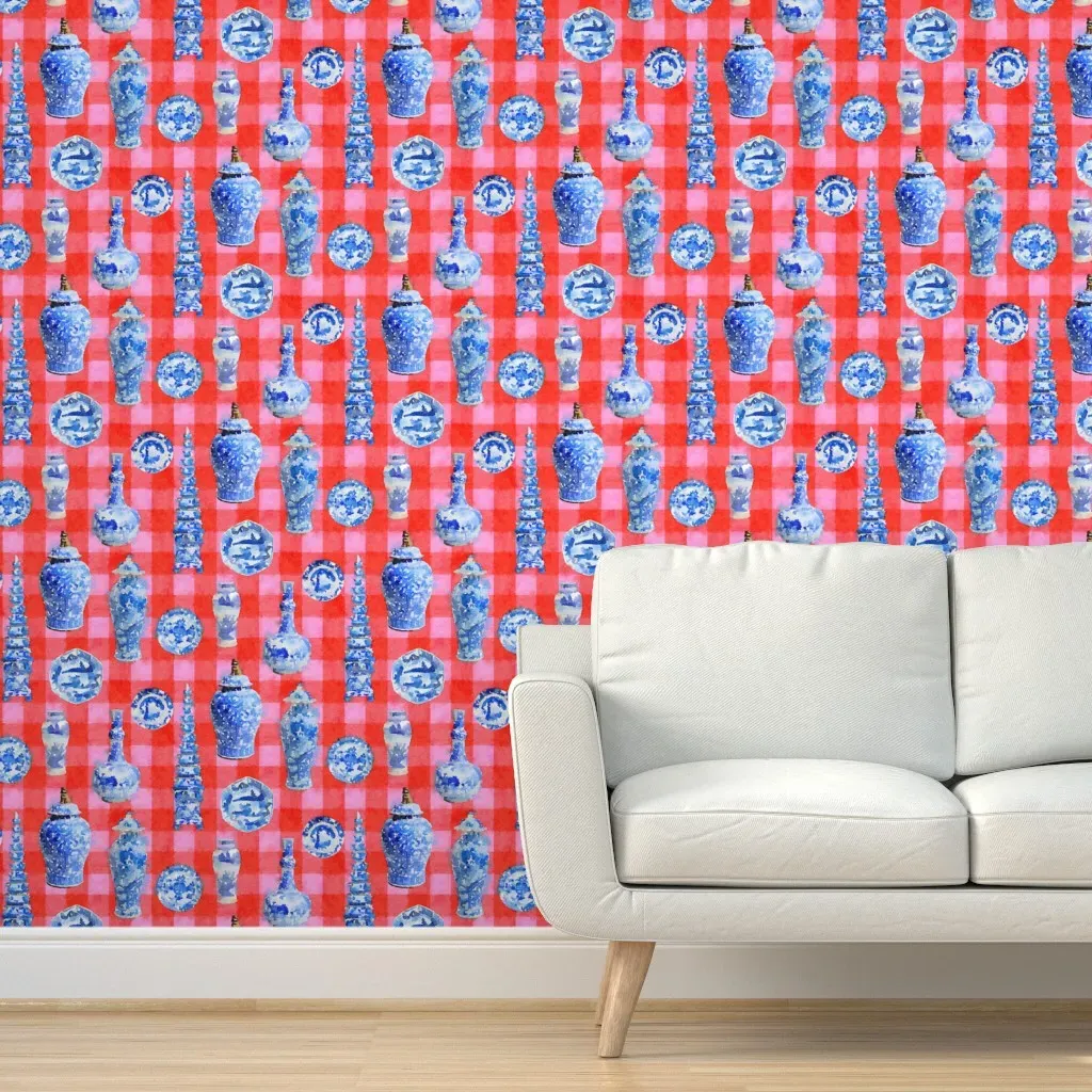 Chinoiserie Ceramics Valentine Plaid Peel and Stick Wallpaper - Red product