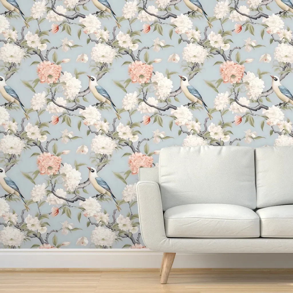 Chinoiserie Charm Birds and Blossoms Peel and Stick Wallpaper - White product