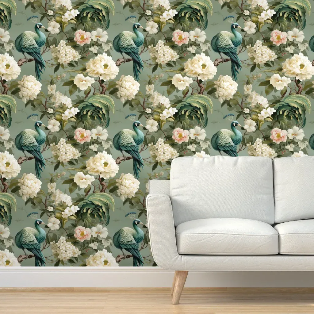 Chinoiserie Charm Peacocks & Petals Peel and Stick Wallpaper - Teal product