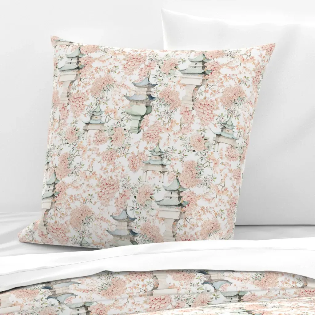 Chinoiserie Cherry Flowers Branches Pagodas Euro Pillow Sham - Pink product