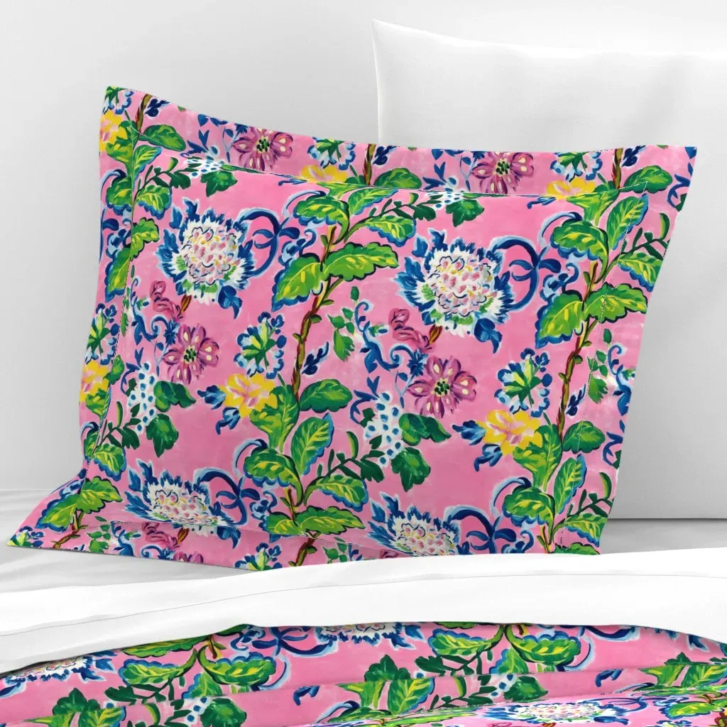Chinoiserie Climbing Flowers Standard Flanged Cushion - Pink, Cotton Sateen product