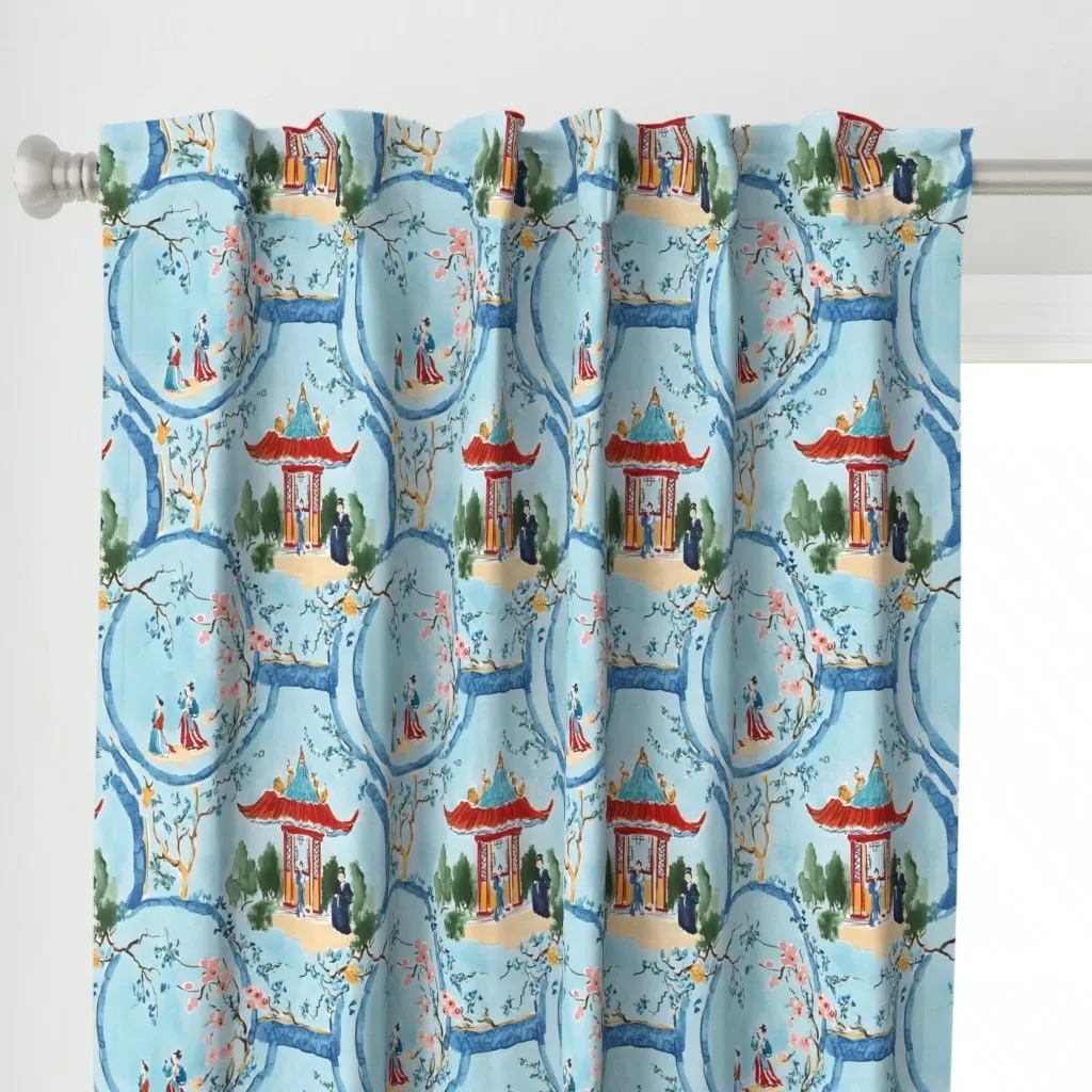 Chinoiserie Court Figures Curtain Panel - Blue alternate view