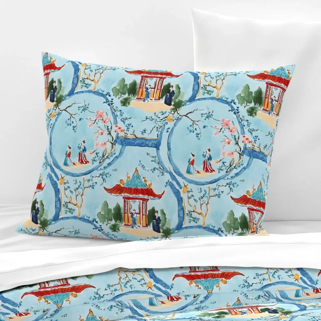 Chinoiserie Court Figures Standard Cushion Cover - Blue, Cotton Sateen product