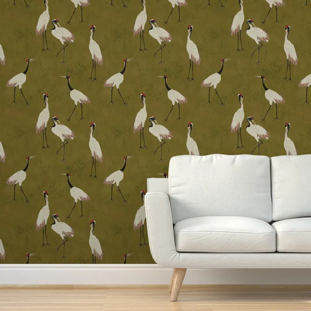 Chinoiserie Cranes Peel and Stick Wallpaper - Deep Mustard Yellow product