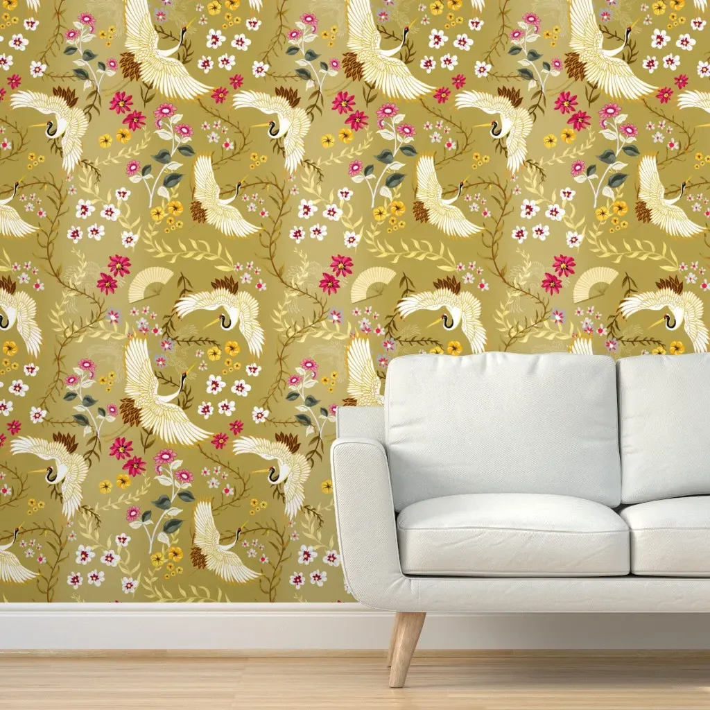 Chinoiserie Cranes Peel and Stick Wallpaper - White, Gold product