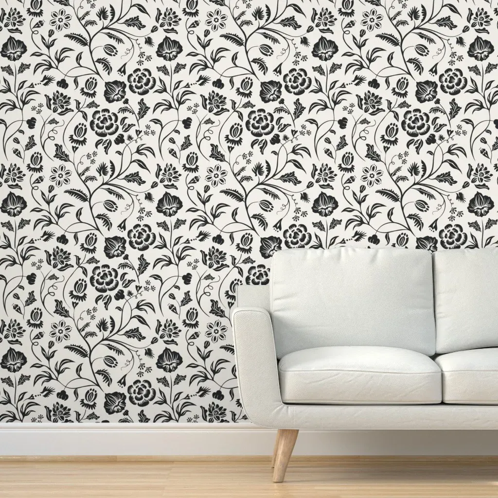 Chinoiserie Damask Floral Art Nouveau Peel and Stick Wallpaper - Black product