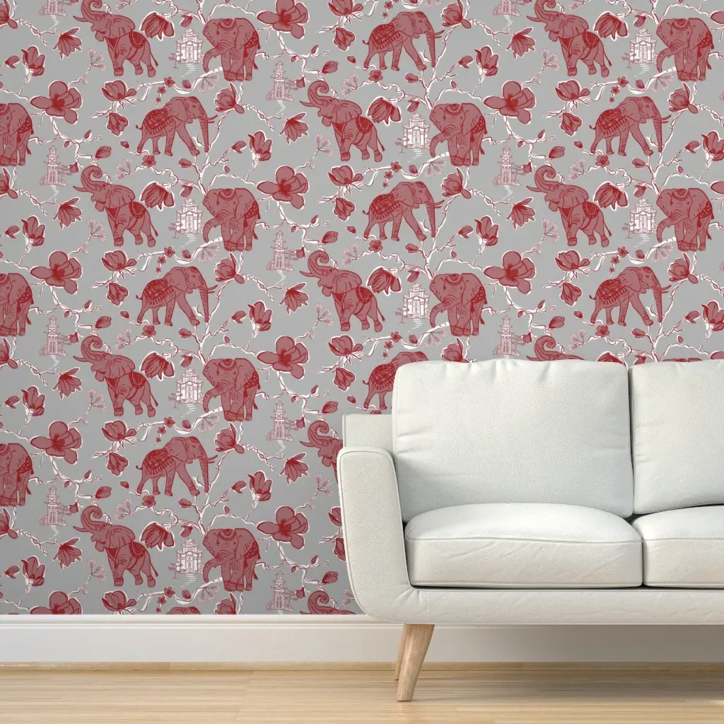 Chinoiserie Elephants Peel and Stick Wallpaper - Crimson Red, Grey product